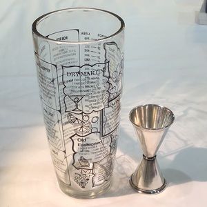Cocktail Shaker w/recipes & Silver plated double jigger
